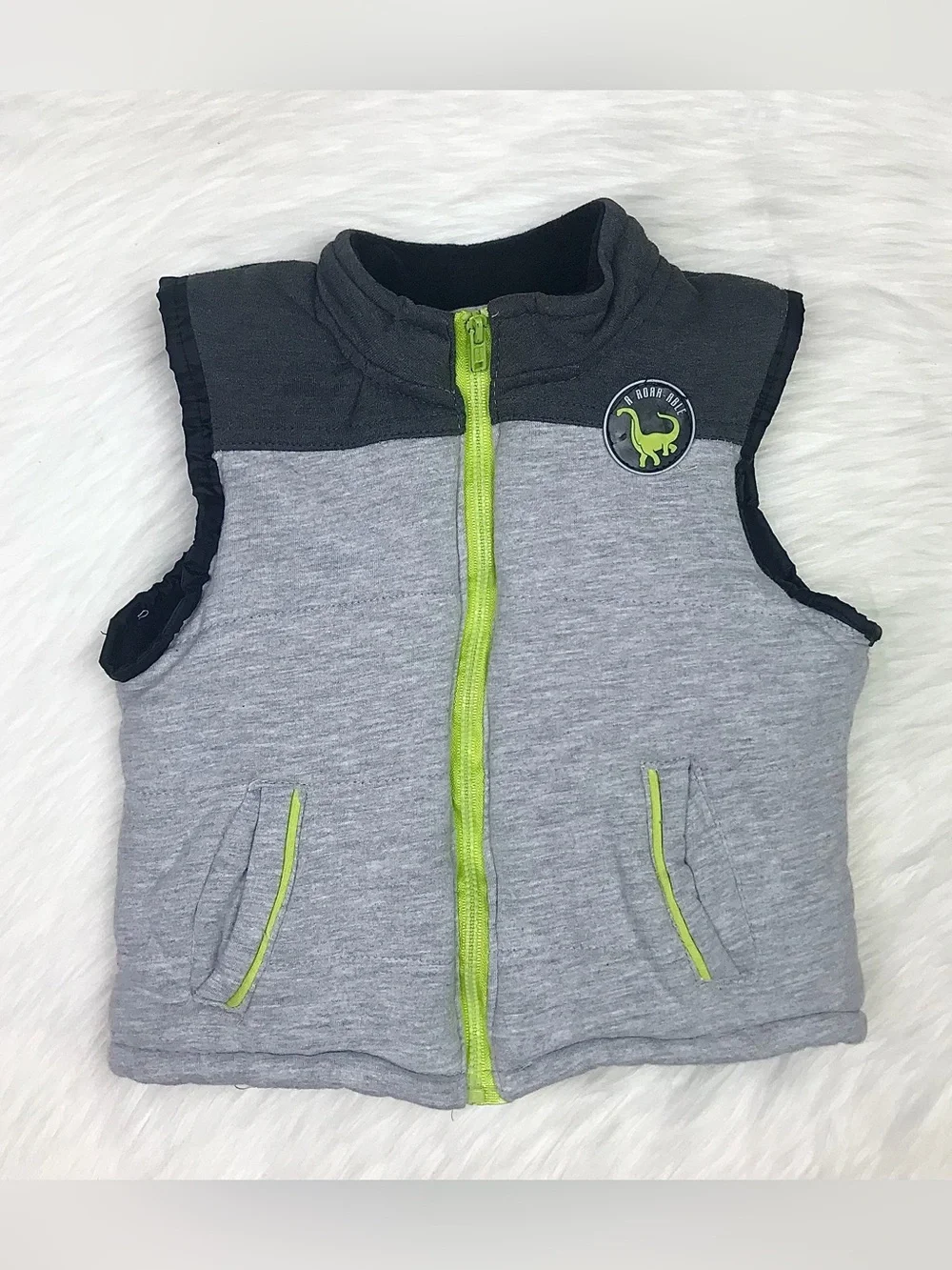 Toddler Boys Puffer Zip Up Gray & Lime Green Vest Size 24M